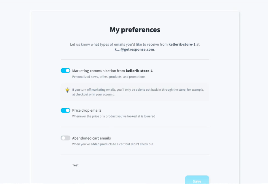 GetResponse preference center interface showing price alert subscription options and marketing consent management settings